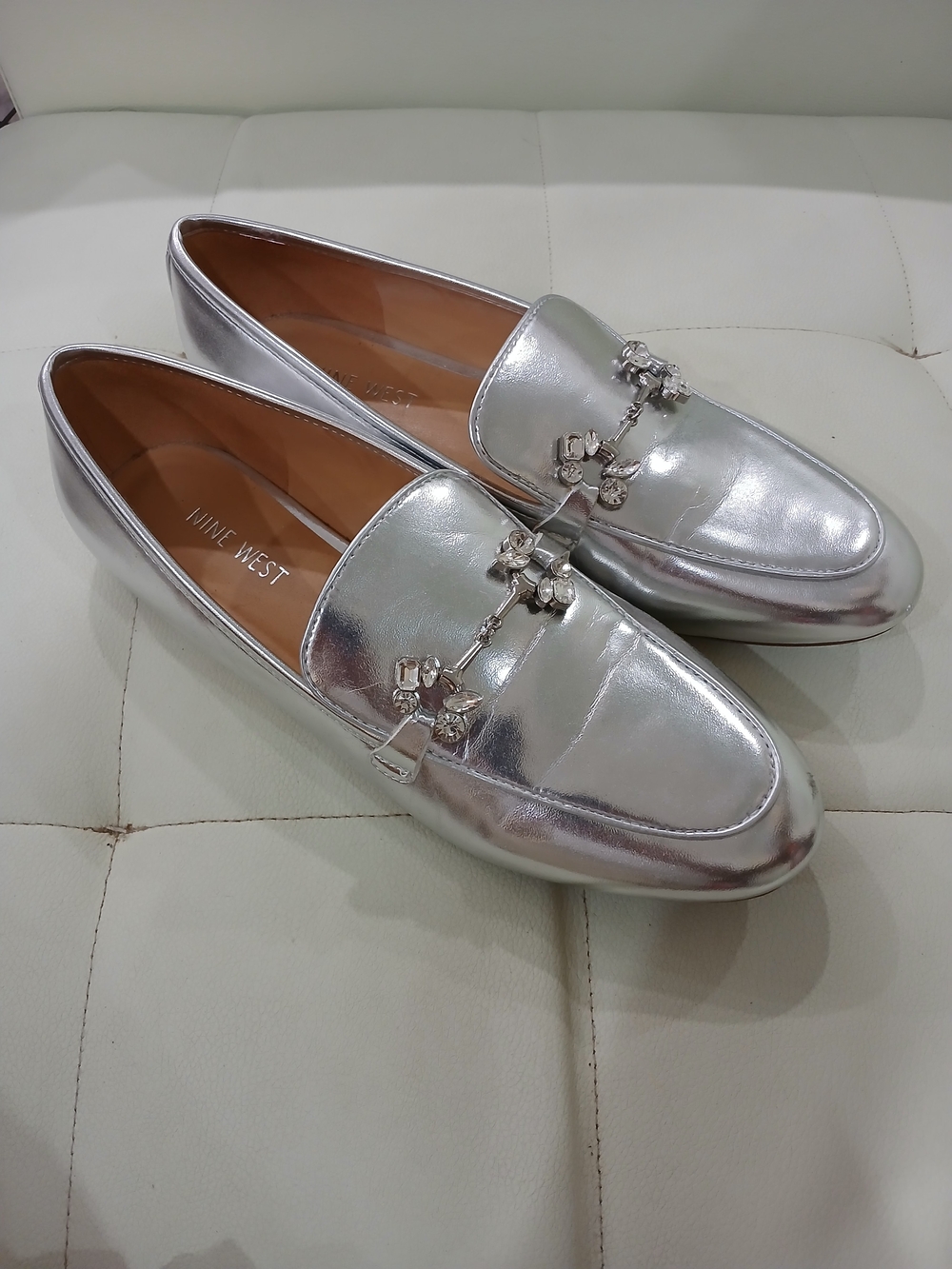 Nine West Metallic Silver Embellished Loafers